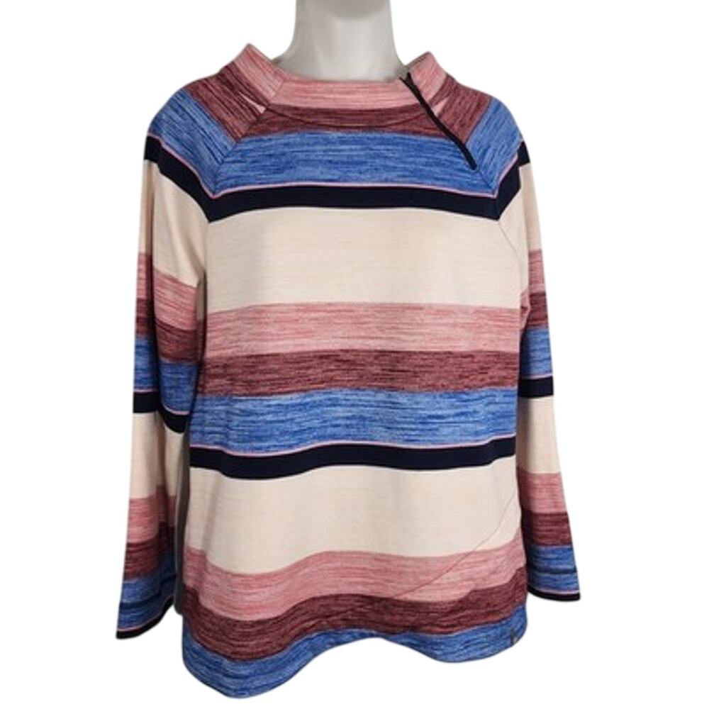 T by Talbots Asymmetrical Zip Mockneck Striped Top Long Sleeve Tulip Hem Medium